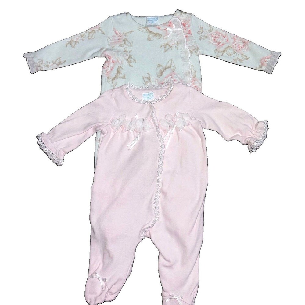 Edgehill Collection Baby Girl 3M Footed Sleeper Lot Floral Pink Ruffle 2 Pc Set